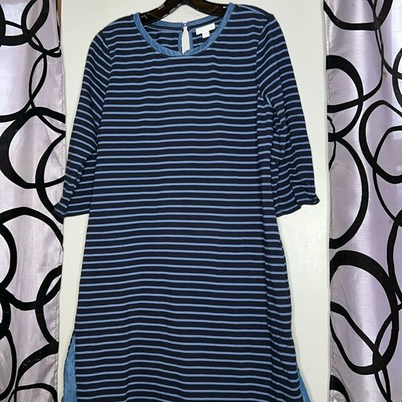 J.Jill Womens Blue Stripe Tencel Collar Hem 3/4 Sleeve Dress Size Medium - Picture 1 of 9
